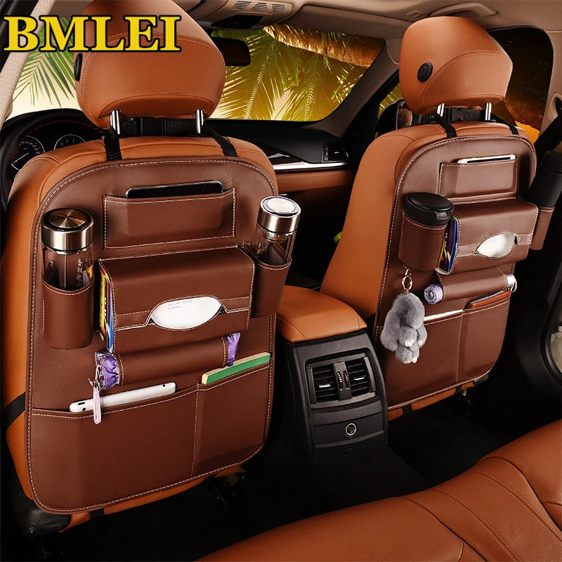 Universal car seat back organizer bag in premium PU leather. Multi-pocket storage solution to keep your car clean, organized and premium. Fits most vehicles.