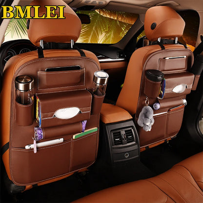 Universal car seat back organizer bag in premium PU leather. Multi-pocket storage solution to keep your car clean, organized and premium. Fits most vehicles.