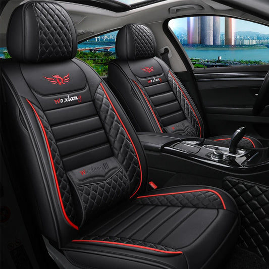 Universal faux leather car seat cover installed on vehicle seat, providing elegant interior protection and comfort upgrade.