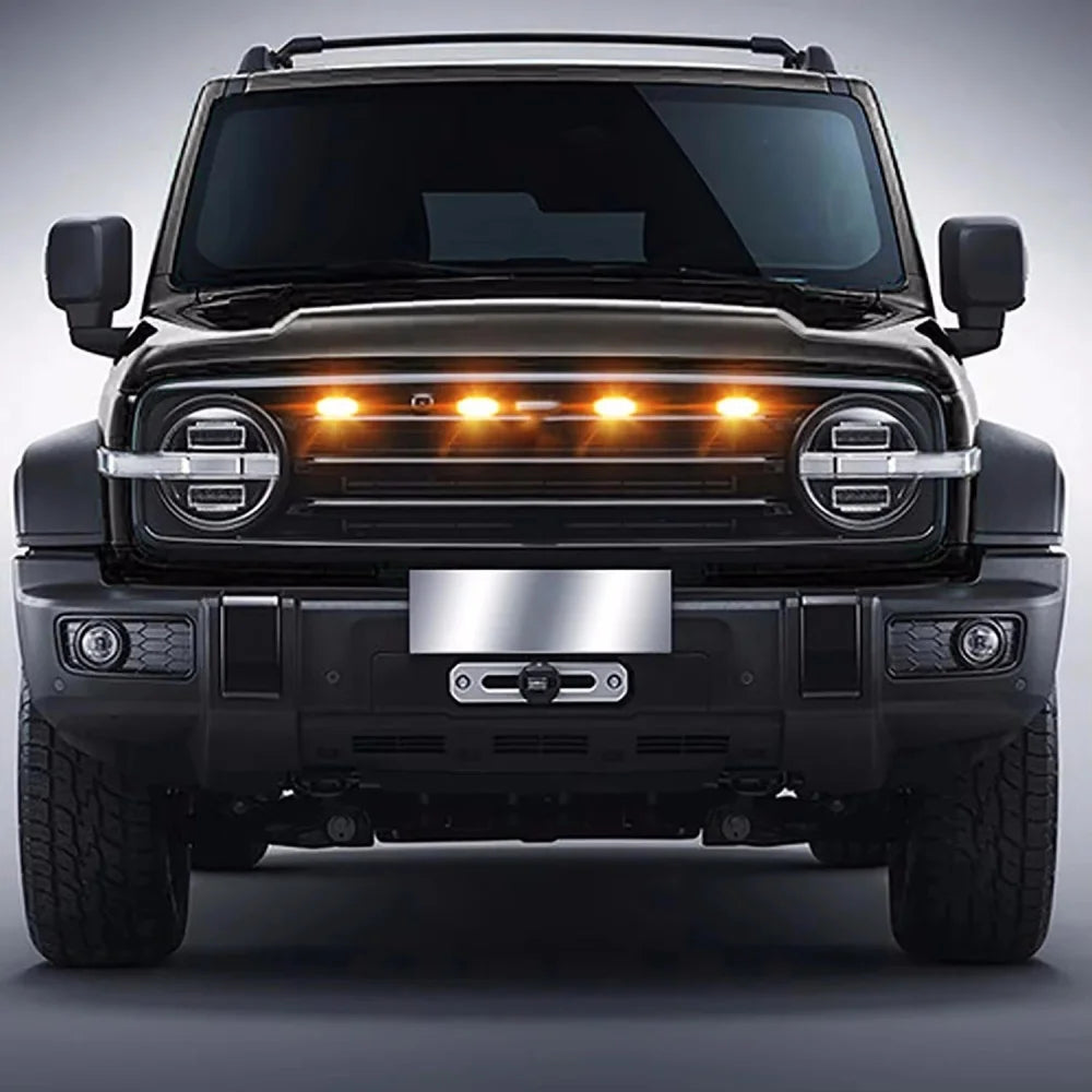 Universal smoked amber LED front grille marker lights for trucks and SUVs with 12V power and durable black ABS housing.