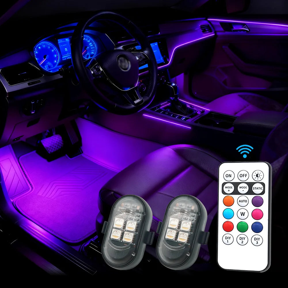 Wireless RGB LED car interior ambient lights with rechargeable Type-C battery, remote control and multiple lighting modes for cars and motorcycle