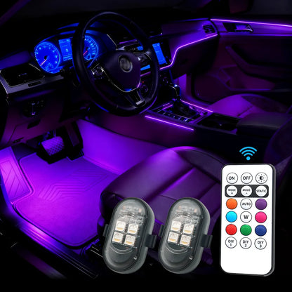 Wireless RGB LED car interior ambient lights with rechargeable Type-C battery, remote control and multiple lighting modes for cars and motorcycle