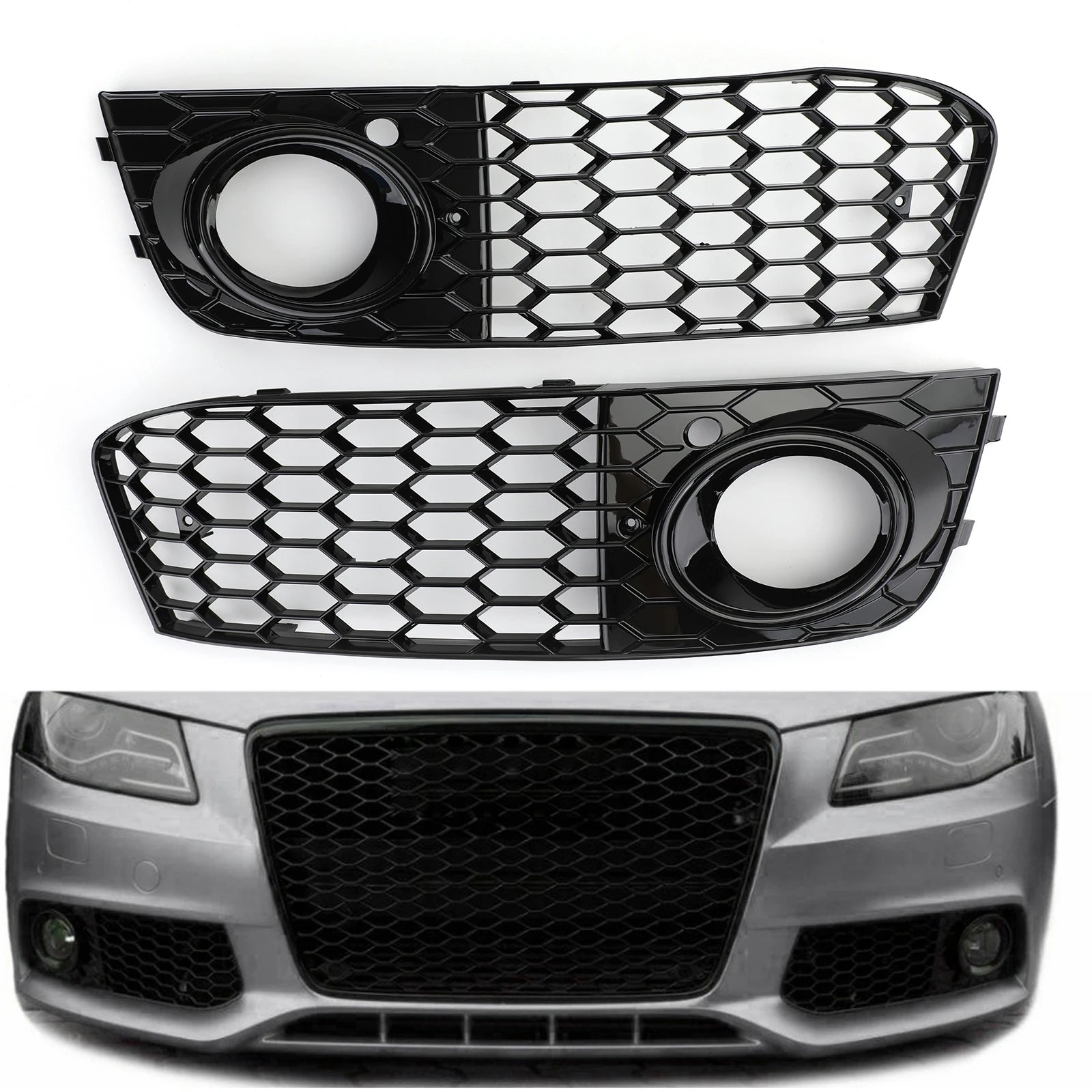 Audi A4 B8 honeycomb fog light grille set – gloss black ABS mesh inserts for 2009–2012 front bumper